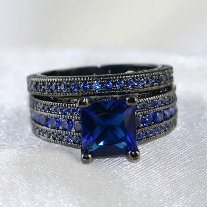 Two Rings Couple Rings Tungsten Steel Men's Rings 18k Black Gold Filled Princess cut Sapphire Women's Wedding Ring Sets