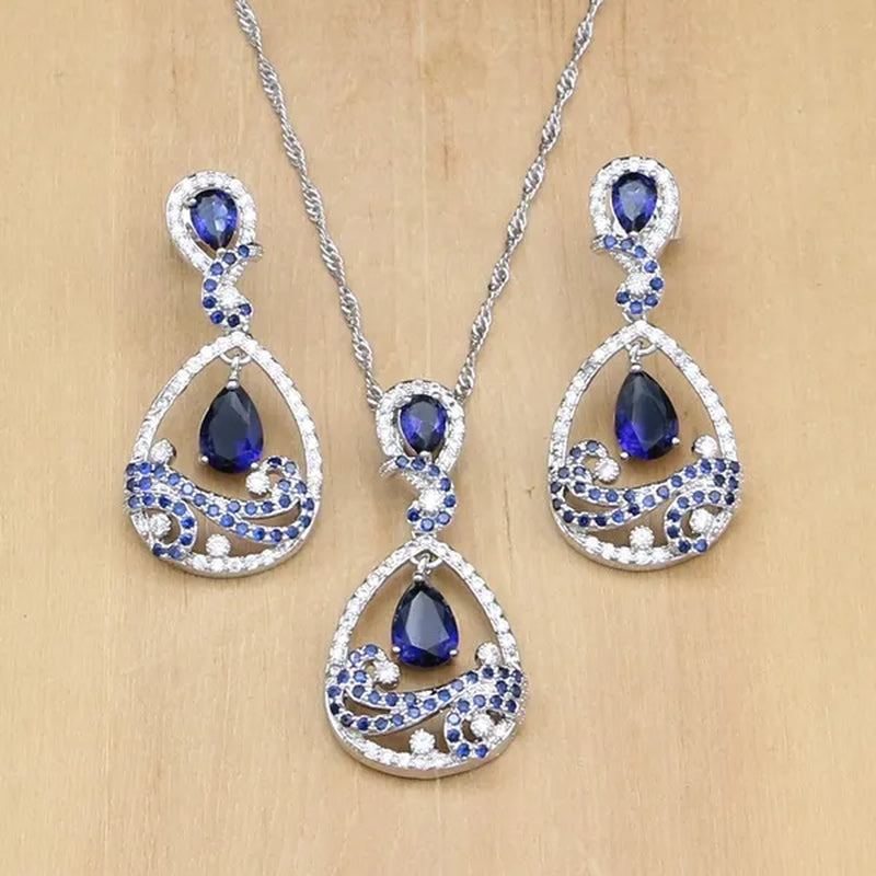 925 Silver Jewelry Sets Black Sapphire White Topaz Decoration For Women Party Earrings/Pendant Necklace Set