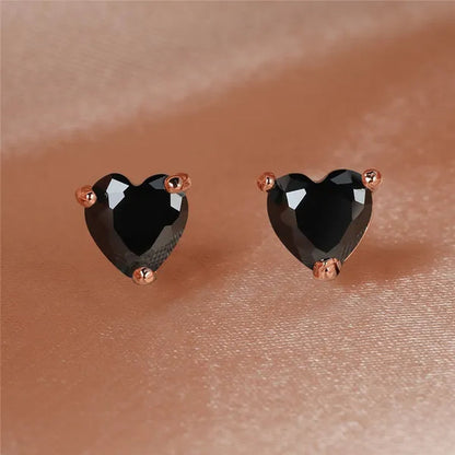 Elegant Love Heart Black Diamond 18K Rose Gold Stud Earrings Vintage Earrings Banquet Party Jewelry Gifts