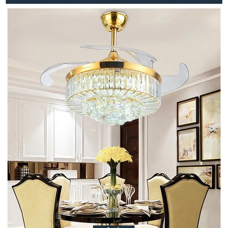 42 Inches Ceiling Fan Light Remote Control LED Pendant Light Crystal Dimmable Metal Luxury Invisible Ceiling Chandelier Lighting