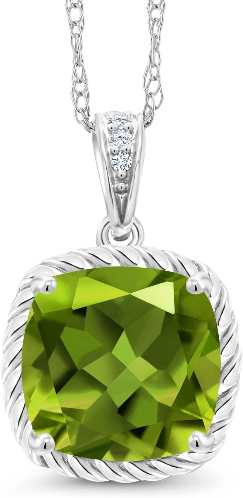 10K White Gold Cushion 8MM Gemstone Birthstone and White Diamond Pendant Necklace | Gold Necklace for Women | with 18 Inch Silver Chain
