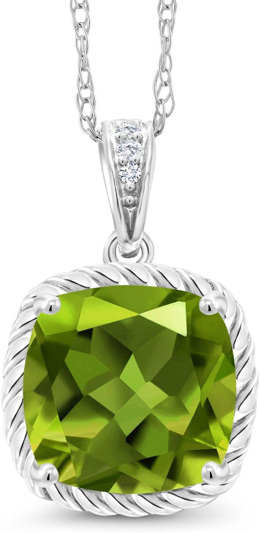 10K White Gold Cushion 8MM Gemstone Birthstone and White Diamond Pendant Necklace | Gold Necklace for Women | with 18 Inch Silver Chain