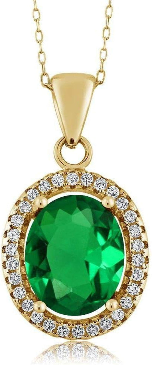 18K Yellow Gold Plated Silver 11X9MM Oval Gemstone Birthstone Halo Pendant Necklace for Women | with 18 Inch Silver Chain
