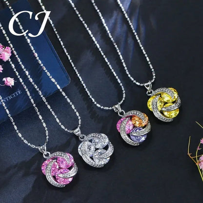 CANDICE Korean Fashion Sterling Silver Plated Women Elegant Pendant Necklace Earrings and Ring Sets Inlay Pure AAA Cubic Zirconia Knot Jewelry Set for Lady（US 6-9)