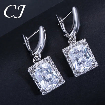 CANDICE Sparkling Princess Cut Clear Crystal Pave Stylish Sterling Silver Necklace Earrings Bracelet and Ring 4 Pcs Wedding Jewelry Set With Tiny CZ Stone