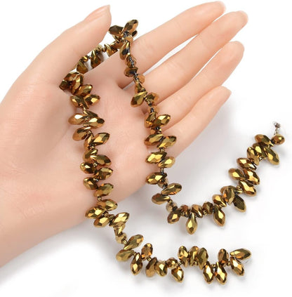 1 Strand Czech 12Mm Faceted Teardrop Briolette Crystal Glass Loose Beads Pendant Drop Spacer Gold Aurum (93-95Pcs) for DIY Jewelry Making CCT2-33