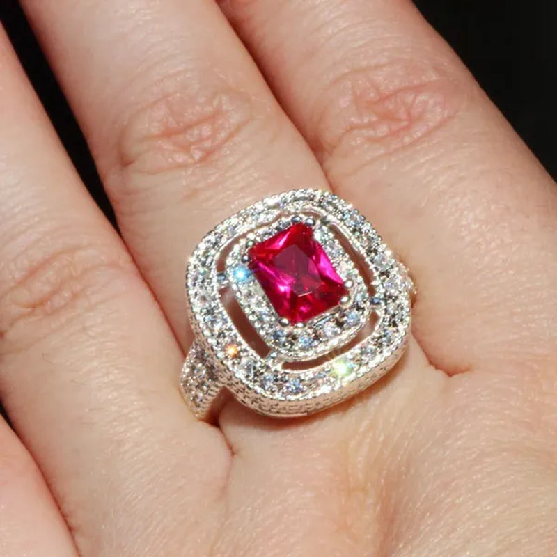 Princess  Silver Natural Ruby Gemstones Birthstone Bride Wedding Engagement Strange Ring Size 6 7 8 9 10