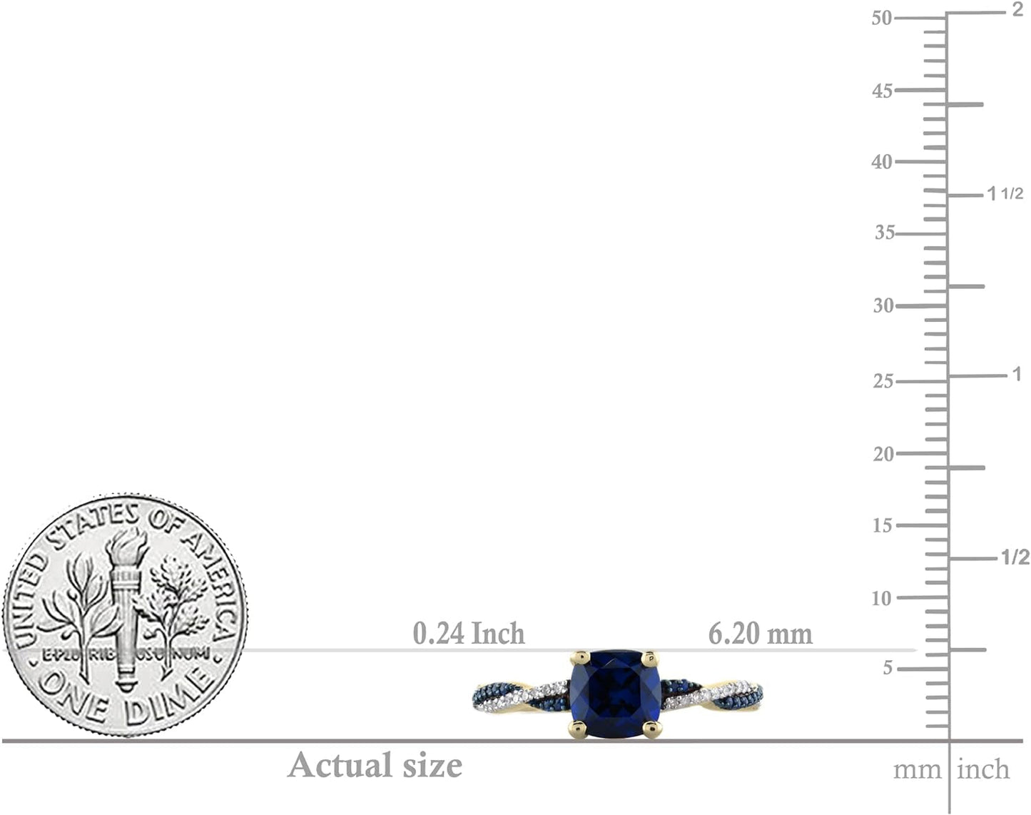 6 MM Cushion Lab Created Blue Sapphire with round Blue Sapphire & Diamond Ladies Engagement Ring | 10K Yellow Gold, Size 7