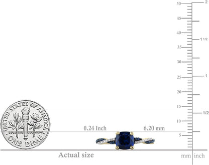 6 MM Cushion Lab Created Blue Sapphire with round Blue Sapphire & Diamond Ladies Engagement Ring | 10K Yellow Gold, Size 7