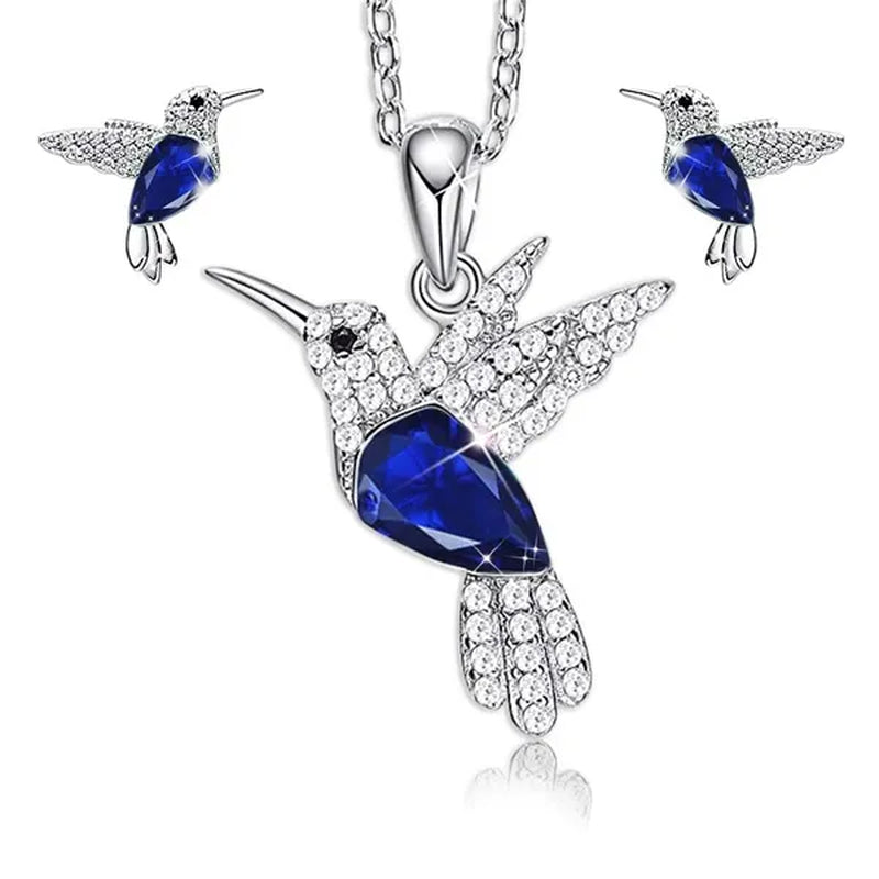 Hummingbird Silver Jewelry Set Women Pendant Necklace and Stud Earring Set Crystalsfine Animal Jewelry, Gift for Mothers Day