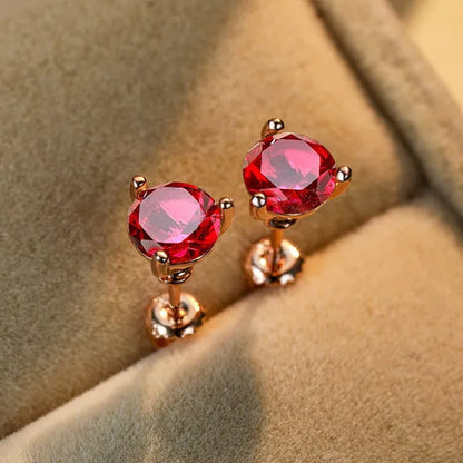 Exquisite Fashion Women Love Princess 925 Silver round Cut Ruby Garnet Three Prong Stud Earrings for Women Bridal Wedding Jewelry Gifts