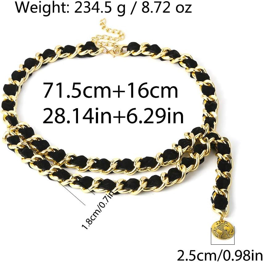 Alloy Waist Chain Body Chain Weave Rope Winding Twist Chain for Women Waist Belt Pendant Belly Chain Adjustable Body Harness for Jeans Dresses - S Size – Black and Gold
