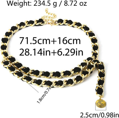 Alloy Waist Chain Body Chain Weave Rope Winding Twist Chain for Women Waist Belt Pendant Belly Chain Adjustable Body Harness for Jeans Dresses - S Size – Black and Gold