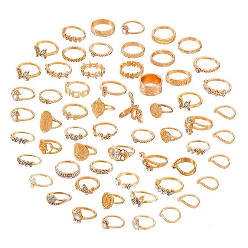 New 60Pcs Womens Rings Silver Gold Plated Rhinestone Vintage Jewelry Bohemian Style Finger Joint Ring Party Favor Gifts