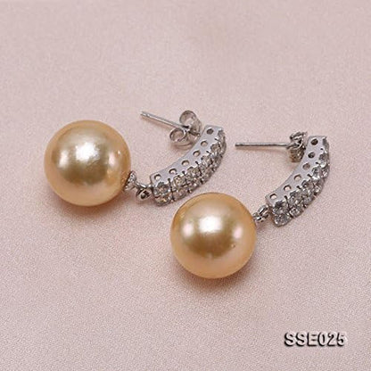 Classic Drop Earrings AAA Quality Gorgeous Genuine 12.2Mm round Golden South Sea Cultured Pearl Dangle Earrings for Women