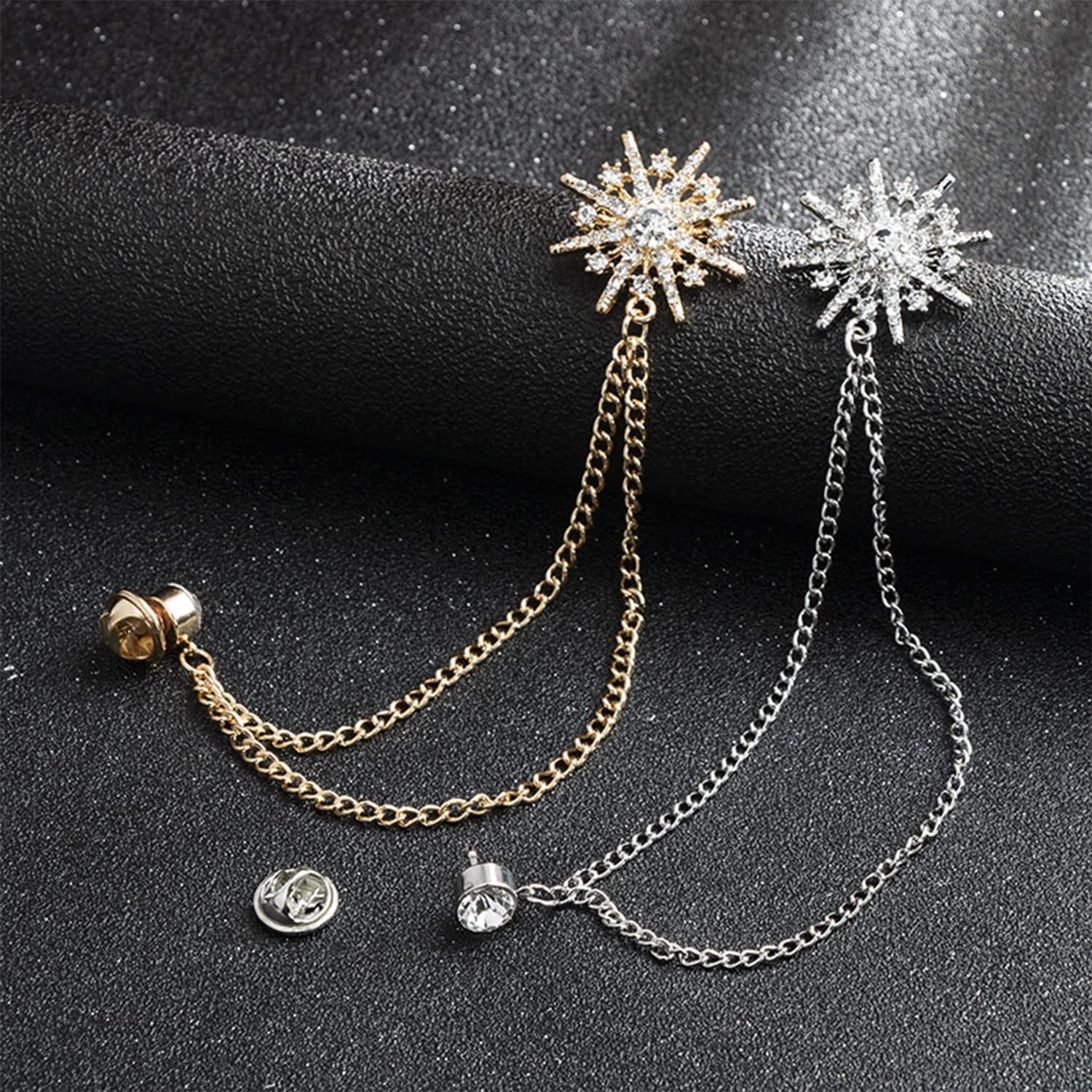 Snowflake Rhinestone Brooches, Hanging Chain Tassel Badge, Gold Silver Snowflake Long-Chain Brooches Shirt Collar Lapel Pin for Men Women Suit Accessories Stage Jewelry