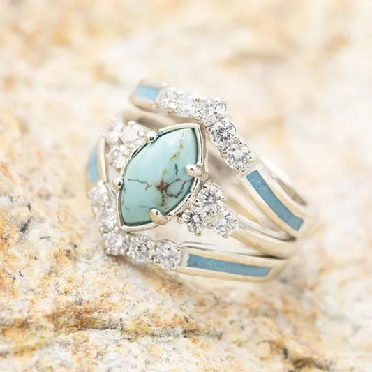 Elegant Fashion Creative Vintage Turquoise Ring Natural Turquoise Diamond Ring Women'S Ring Classic Ring Set Wedding Engagement Wedding Ring Jewelry Birthday Party Anniversary Gift