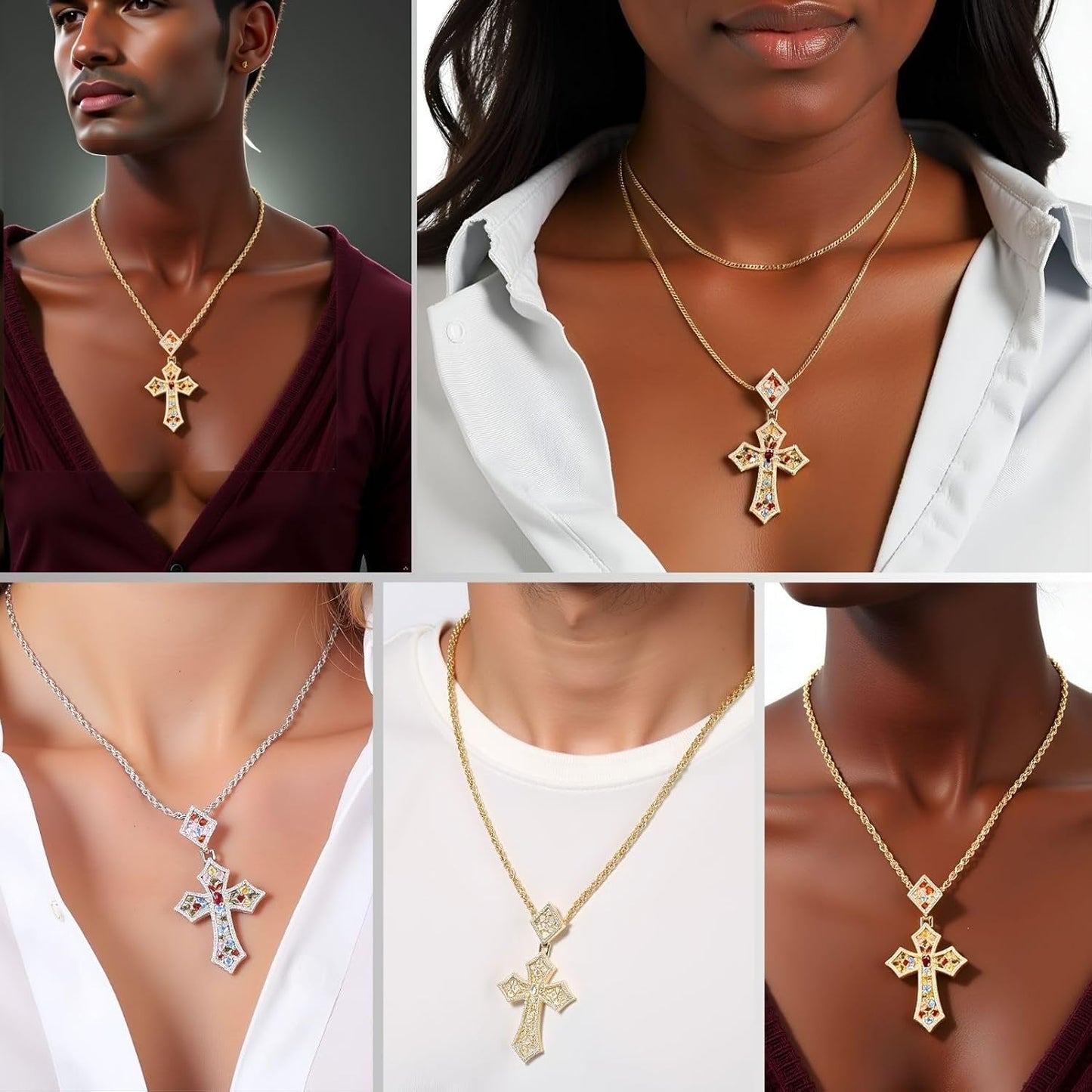 Iced Out Colorful Rhomboic Cross Pendant Necklace, Trendy White Gold Hip Hop Cubic Zirconia Oval Diamond Cross Pendant Faith Jesus Necklace Gift