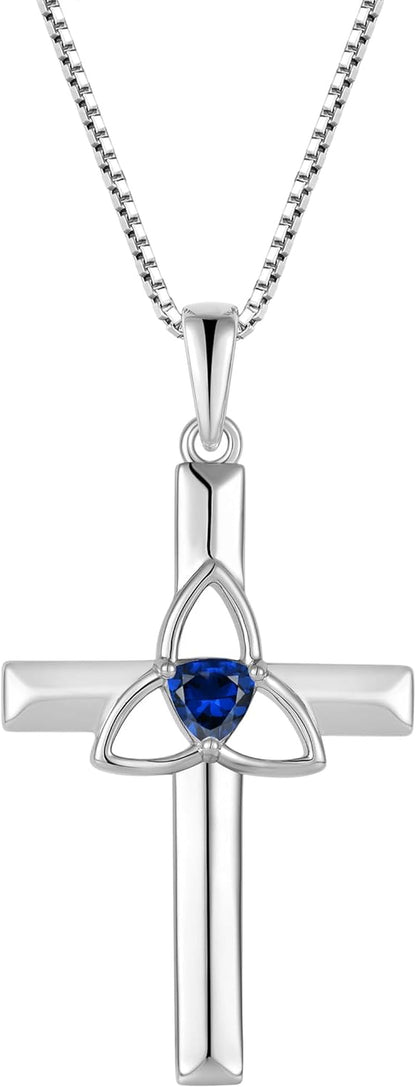 Celtic Cross Necklace for Women 925 Sterling Silver with White Gold Plated Birthstone Pendant Necklaces for Holiday Gifts