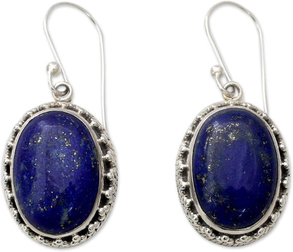 Artisan Handmade Lapis Lazuli Dangle Earrings Crafted .925 Sterling Silver Blue India Royal Classic Reflecting Pond Snorkel Happiness Birthstone 'Blue Mystique'