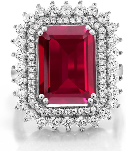 8.60 Cttw Red Created Ruby Ring for Women in 925 Sterling Silver | Emerald Cut 14X10MM | Available in Size 5,6,7,8,9