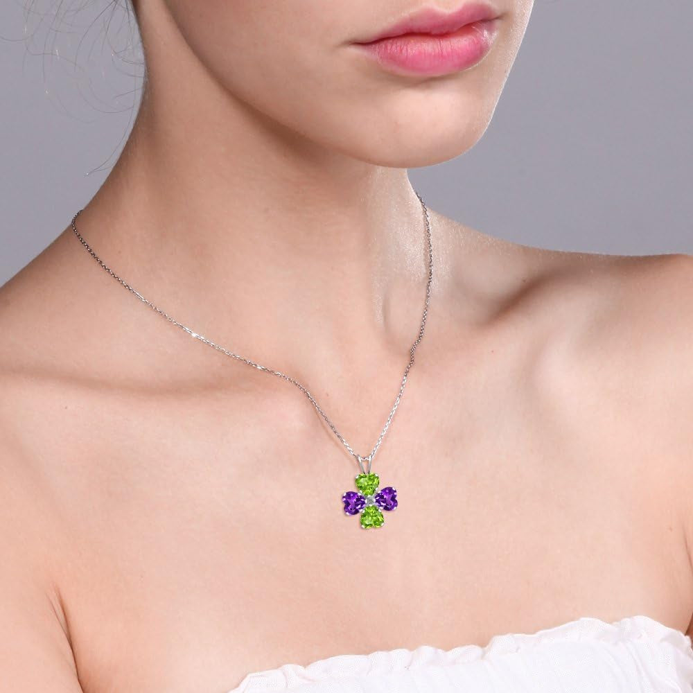 925 Sterling Silver Green Peridot and Purple Amethyst 4 Heart Shape Gemstone August Birthstone Pendant Necklace for Women (2.96 Cttw, 6MM Heart, with 18 Inch Silver Chain)