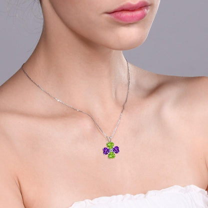 925 Sterling Silver Green Peridot and Purple Amethyst 4 Heart Shape Gemstone August Birthstone Pendant Necklace for Women (2.96 Cttw, 6MM Heart, with 18 Inch Silver Chain)