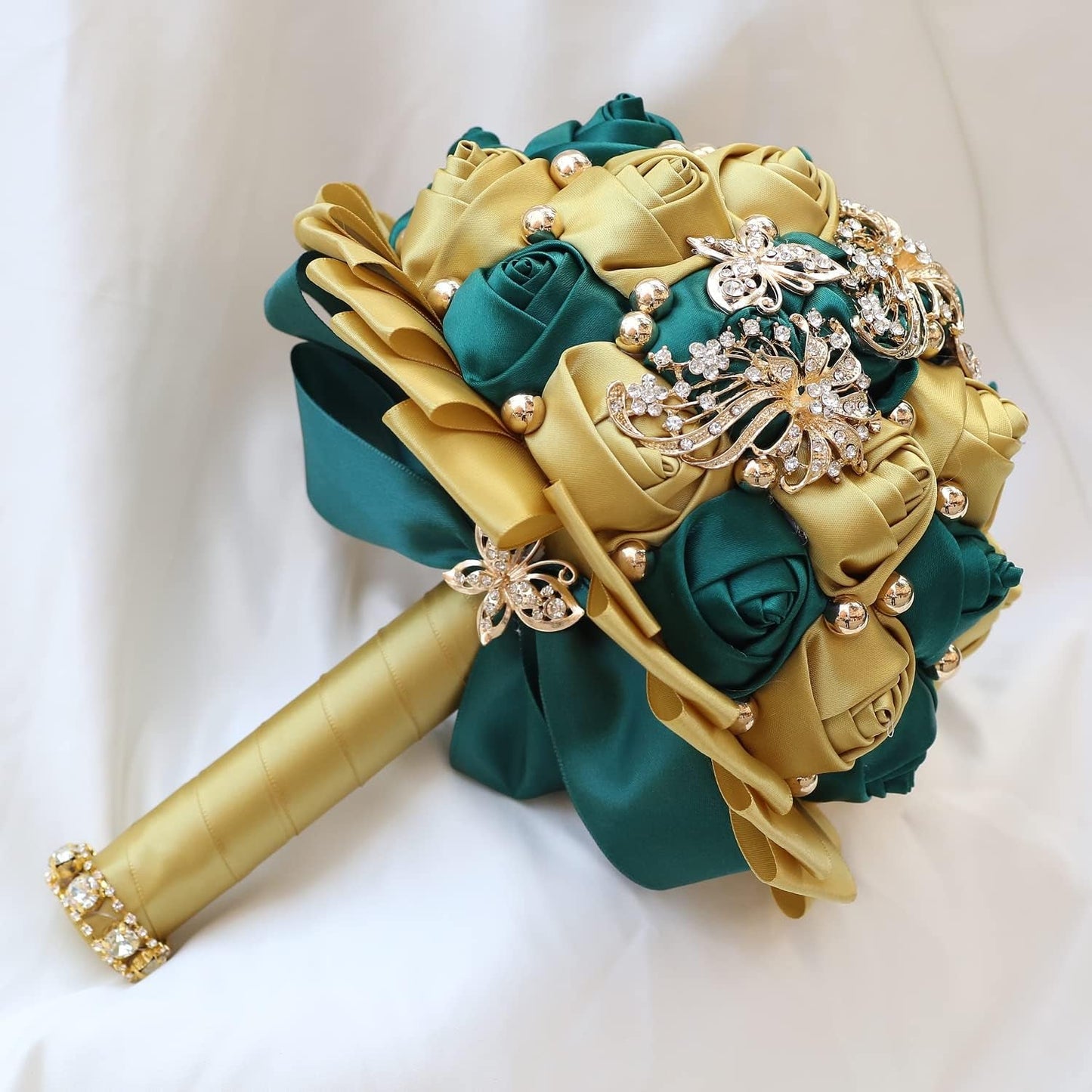 Golden Rhinestone Brooch Wedding Flowers Bridal Bouquets Crystal Bride Holding Bouquet White Ivory Satin Roses with Diamond