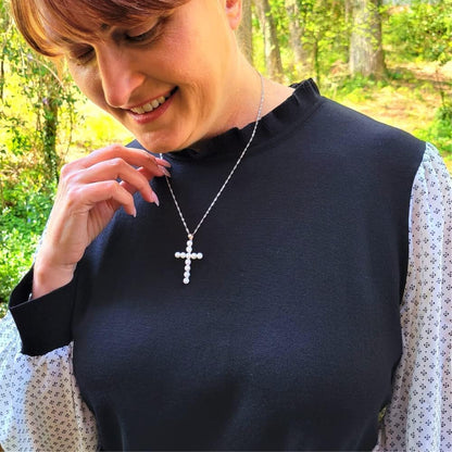 Freshwater Pearl Cross Necklace - Adjustable 20" Pearl Cross Pendant - Silver Christian Jewelry - Faith Jewelry Gift for Christmas, Wedding, Anniversary