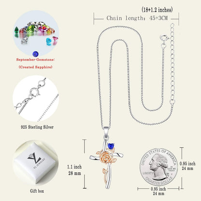 Cross Pendant Necklace 925 Sterling Silver Rose Flower Necklace Gemstones Flower Jewelry for Women