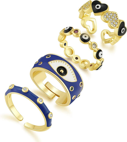 4PCS Evil Eye Ring Set Y2K Colorful Enamel Adjustable Gold Rings for Women Aesthetic Trendy Ring Set for Teen Girls