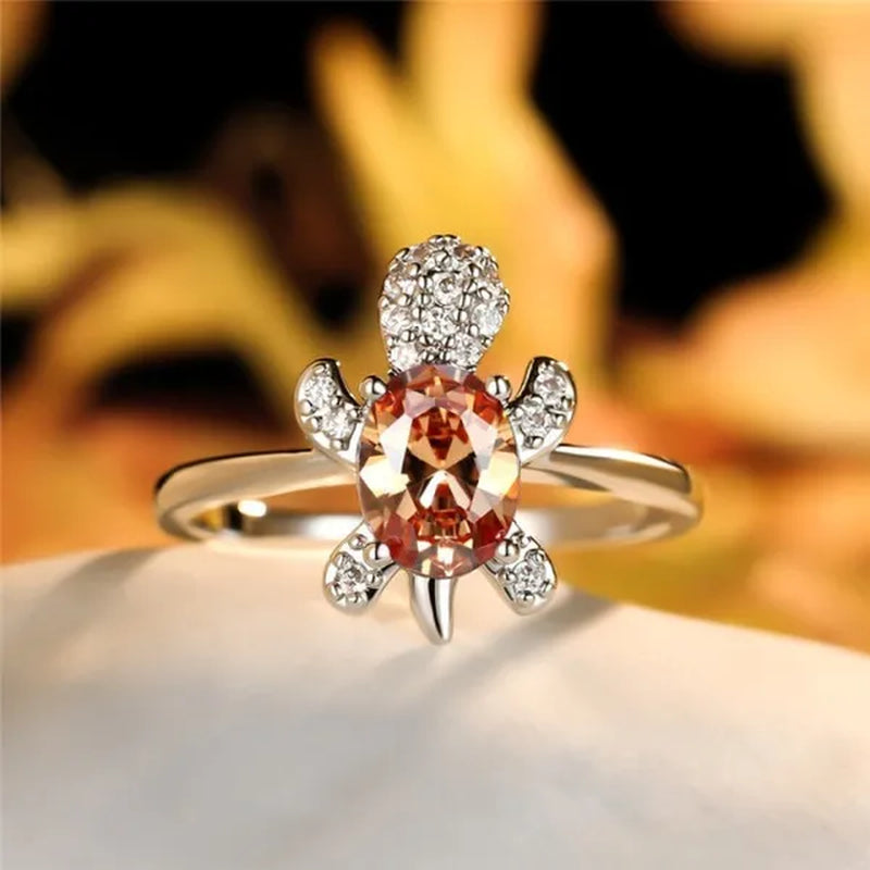 Rainbow Stone Turtle Rings Cute Animal Sea Turtle Ring White Sapphire Diamond Ring Ocean Style Turtle Aquamarine Crystals Rings for Women and Men Birthday Party Anniversary Gift Wedding Engagement Ring Jewelry 14 Colors Size 5-11