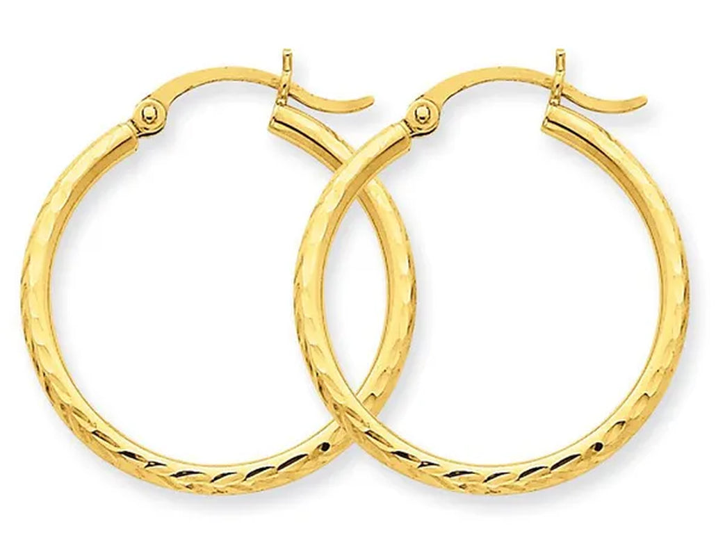 14K Yellow Gold Small Diamond Cut Hoop Earrings 3/4 Inch (2.00 mm)