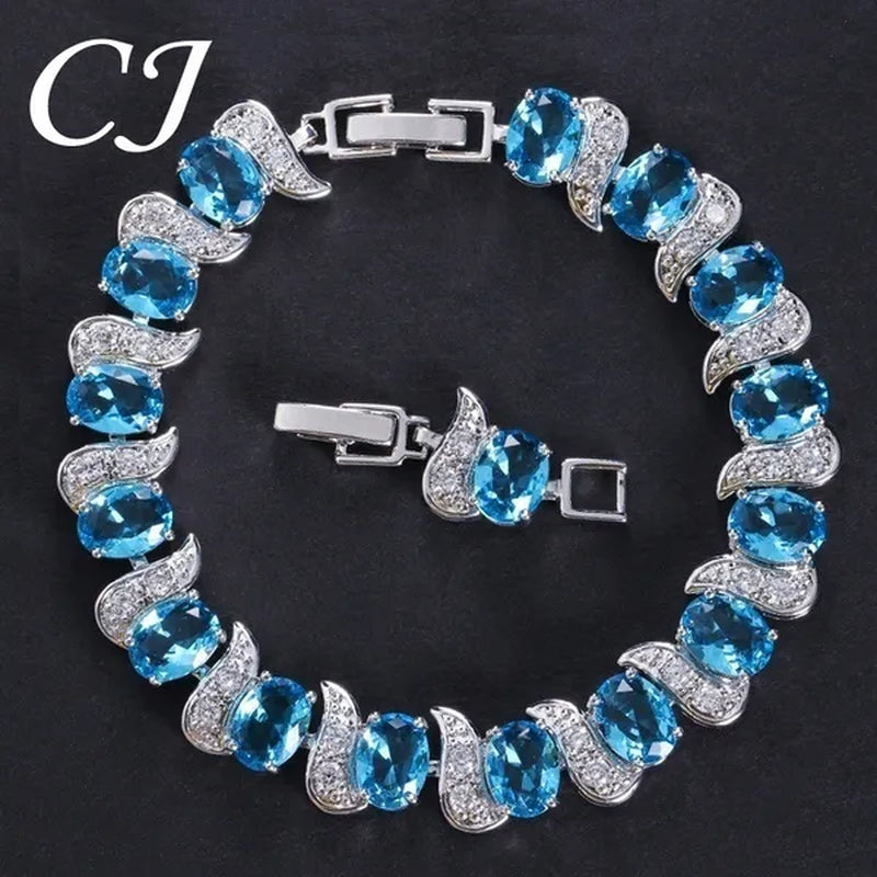 CANDICE 2023 Newest Design Women Luxury CZ Zirconia Silver Bracelets With Blue Stones 18CM+2.5CM（extended clasp）