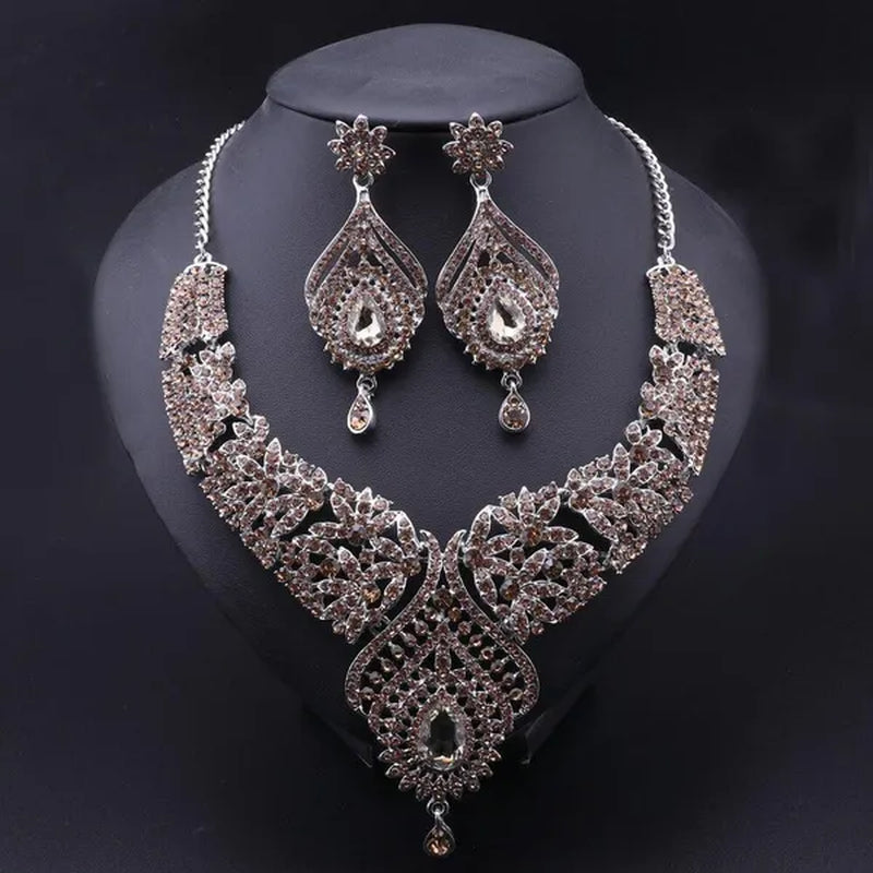 Luxury Women's Elegant Austrian Crystal Statement Necklace Earrings Bridal Party Jewelry Set For Wedding Dress