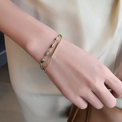Blue Green Color Crystal Charm Bracelets for Women Gold Color Beaded Chain Double Layered Adjustable Bracelet Accessories