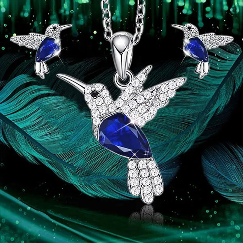 Hummingbird Silver Jewelry Set Women Pendant Necklace and Stud Earring Set Crystalsfine Animal Jewelry, Gift for Mothers Day