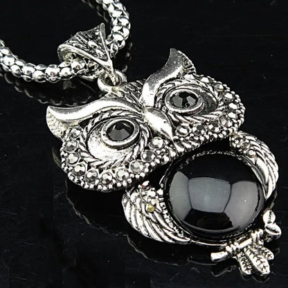 2015 New Charms Owl Natural Black Stone Antique Silver P Earrings Necklace Bracelet Vintage Womens Jewelry Set 1093