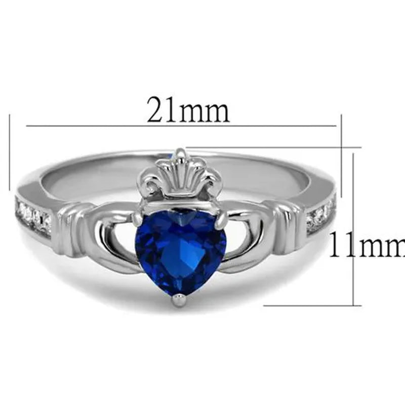 Heart Shape London Blue CZ Stainless Steel Irish Claddagh Ring Women's Size 5-10