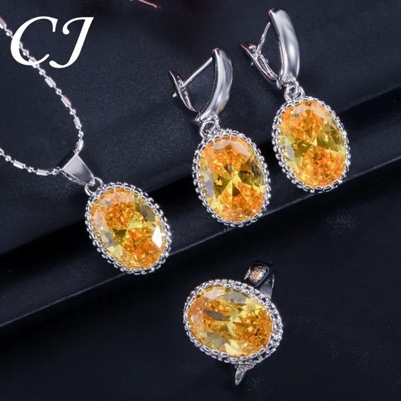 CANDICE Elegant Engagement Accessories Big Oval Cut CZ Stone Silver Necklace Earrings Ring for Bridal Wedding Bling Jewelry Set (US 6-9)