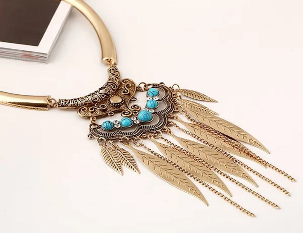 Bohemian Gypsy Ethnic Choker Collar Vintage Leaf Tassel  Maxi Statement Pendant Necklace Jewelry