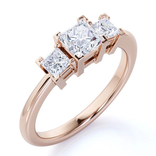 Modern 0.50 Carat Princess Cut Diamond - 3 Stone Engagement Ring - past Present Future Ring - 10K Rose Gold