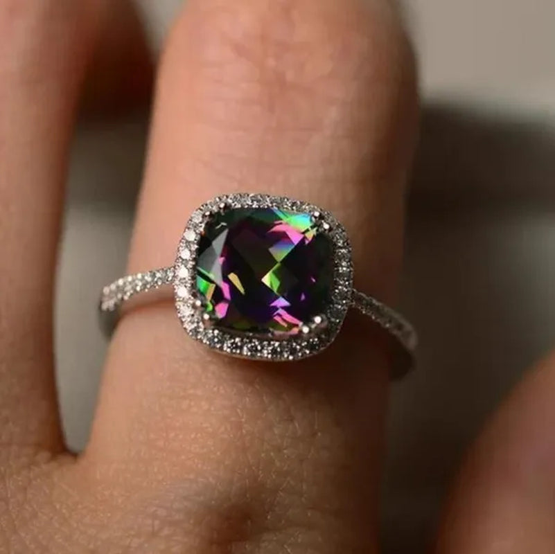 LUXURY 925 Sterling Silver Diamond Cut Square Mystic Fire Rainbow Topaz Cocktail Sapphire Ring FASHION NEW