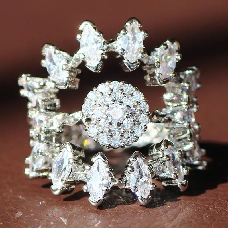 Luxurious Silver Natural Gemstones White Sapphire Wedding Birthstone Bride Flower Engagement Ellipse Princess Sun Ring Jewelry Size 6 7 8 9 10