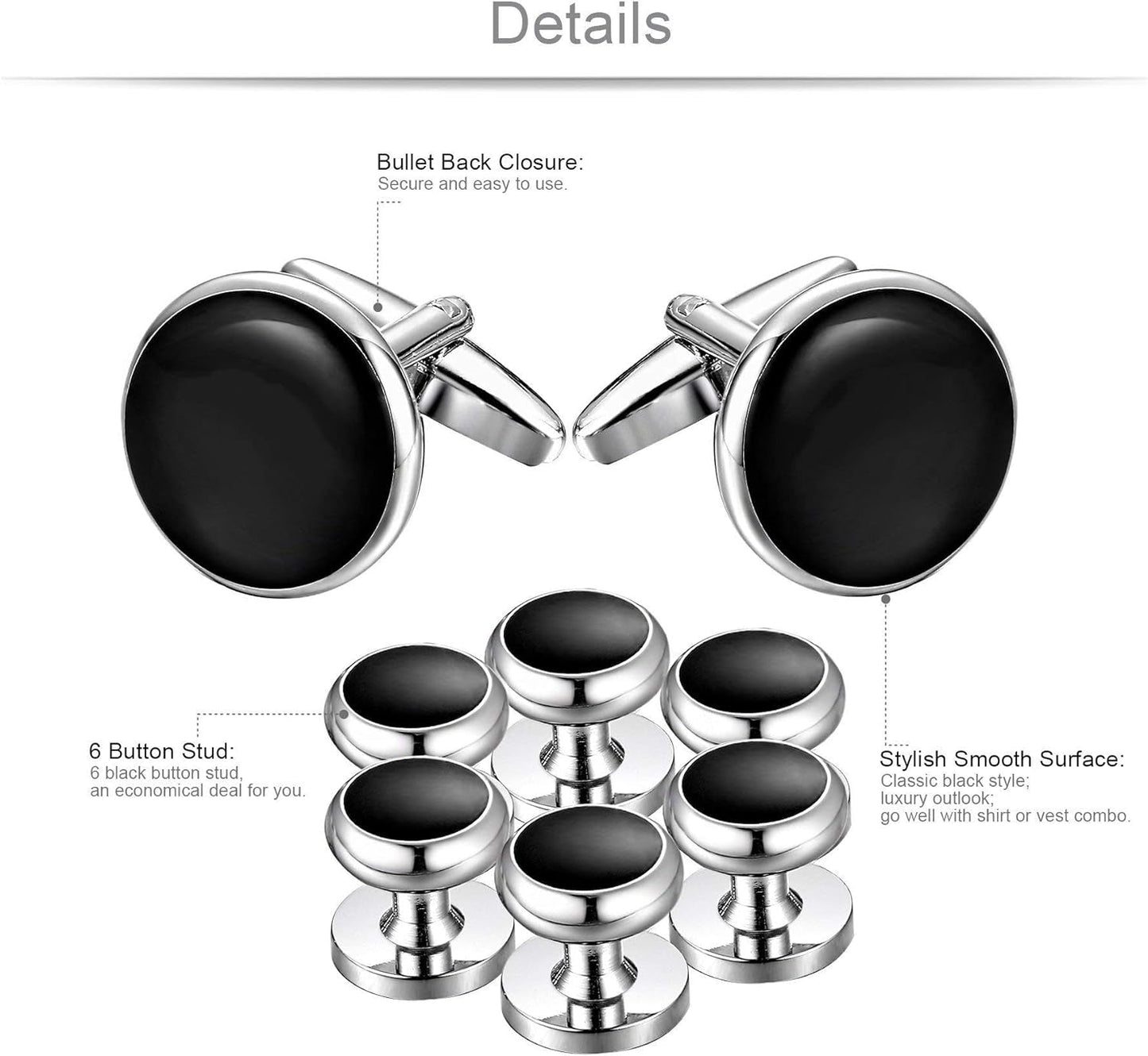 Mens Cufflinks and Studs Set Tuxedo Shirts Classic Black&Silver Match for Business Wedding Formal Suit