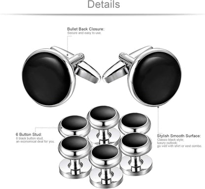 Mens Cufflinks and Studs Set Tuxedo Shirts Classic Black&Silver Match for Business Wedding Formal Suit