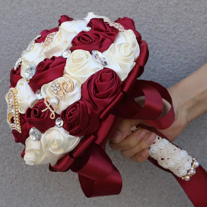 21CM Silk Rose Wedding Flower Bouquet Pearl Rhinestone Brooch Bouquet Bride Bridesmaid Holding Flowers Wedding Party Shooting Props