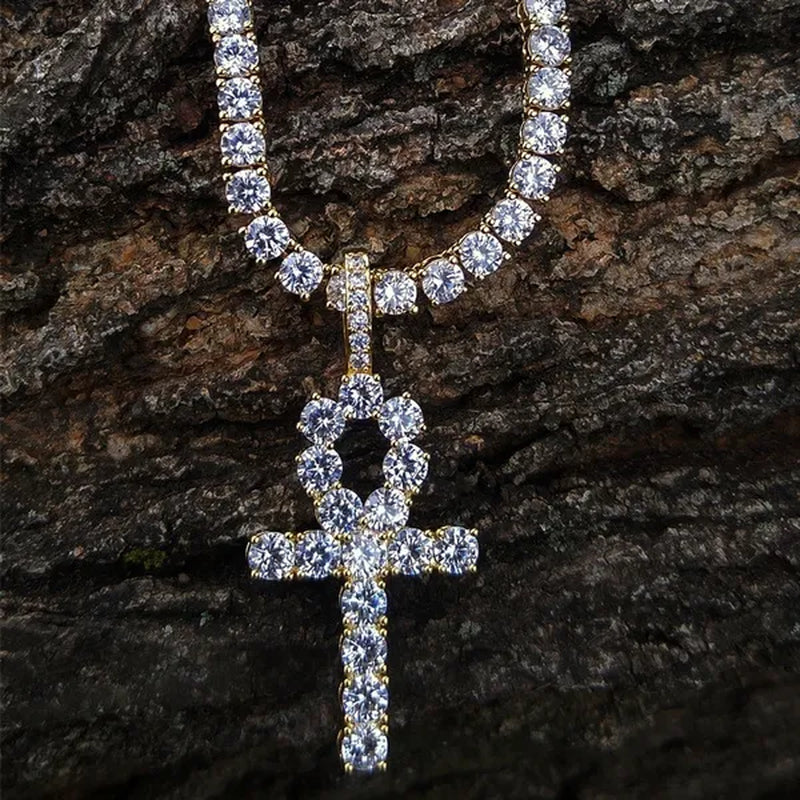 Cool Men Yellow Gold Iced Out Cz Diamond Jewelry Ankh Cross Pendant Tennis Chain Hip Hop Necklace