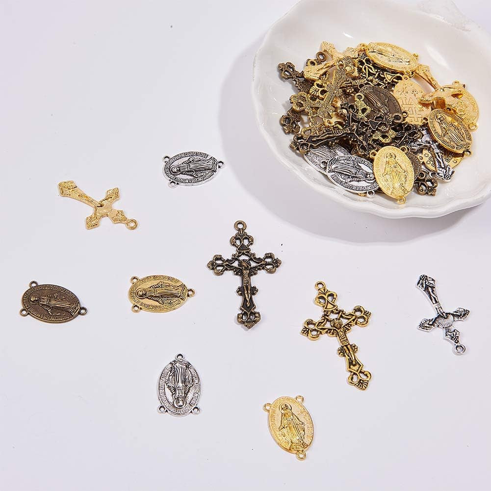 Tibetan Style Rosary Cross Charms and Center Miraculous Medal Easter Vintage Cross Crucifix Pendants Oval Chandelier Links Bronze Connector Charm for Rosary Bead Necklace Making Supplies