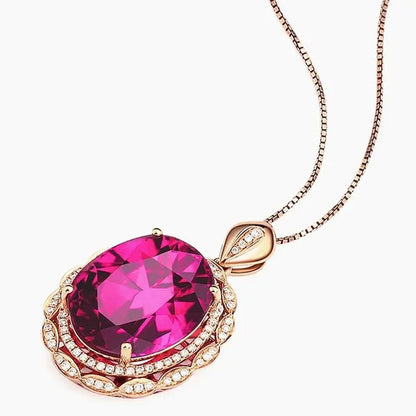 Rose Gold Big Oval Red Crystal Ruby Gemstones Diamonds Pendant Necklaces for Women Vintage Jewelry Choker Chain Bijoux Gifts